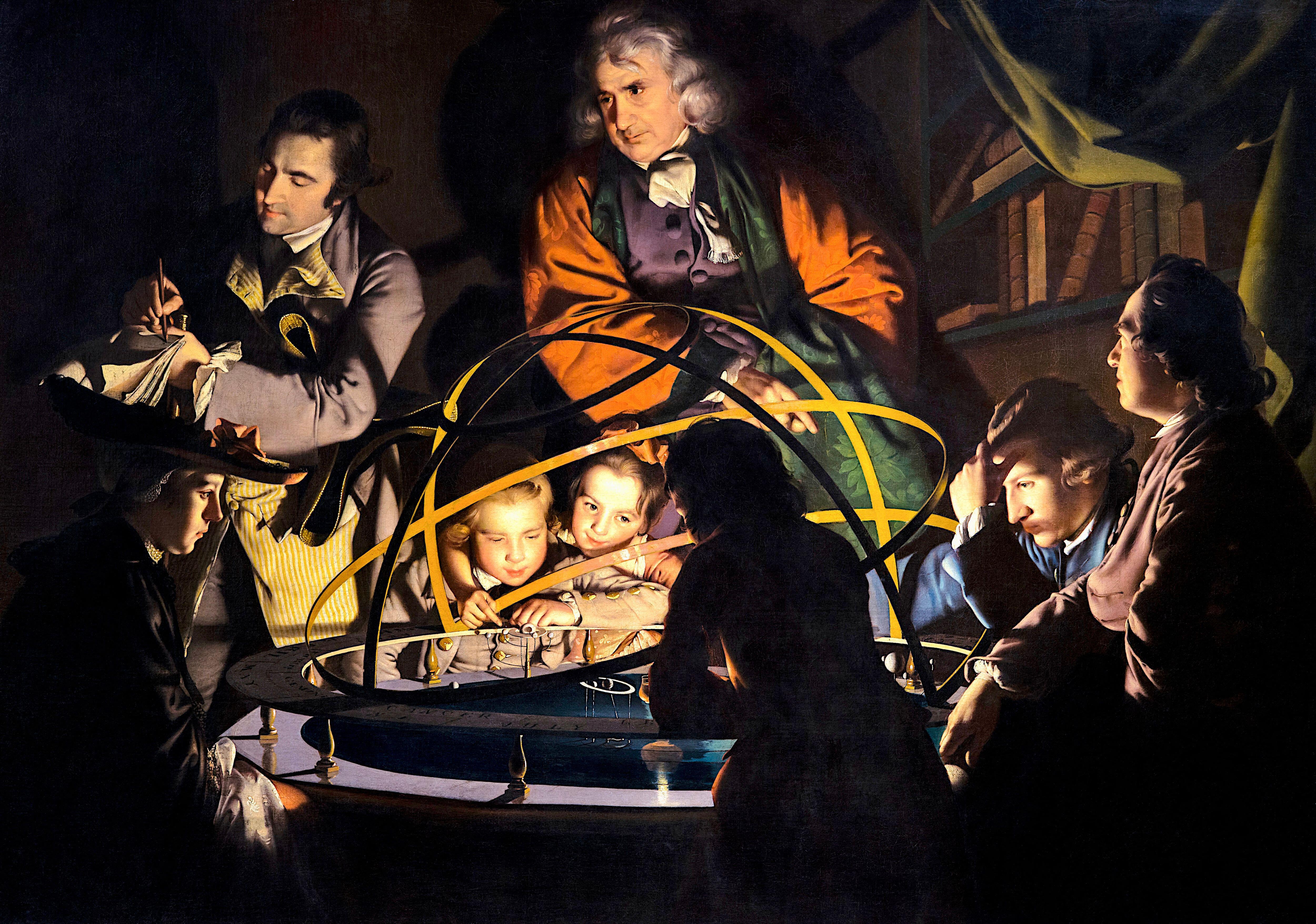 Kids and adults alike are fascinated in this dark picture, where the scene is lit by the central glow from an orrery, a ringed device showing how planets move