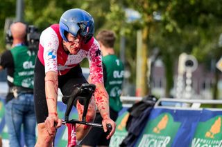 EMMEN NETHERLANDS SEPTEMBER 20 Stefan Kung of Switzerland finishes with a broken helmet and covered with blood after competing in the Mens Individual Time Trial of the 2023 UEC Road Cycling European Championships at WILDLANDS Adventure Zoo Emmen on September 20 2023 in Emmen Netherlands Photo by Rene NijhuisBSR AgencyGetty Images