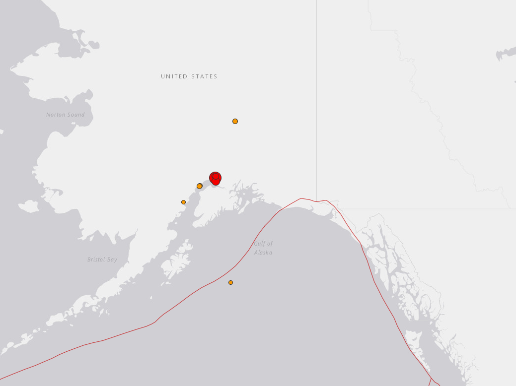 A U.S. Geological Survey map shows the location of the earthquake and aftershocks. The biggest dot is the 7.0 quake.