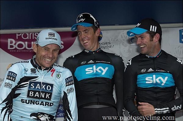 The top three in Paris-Bourges share a laugh on the podium