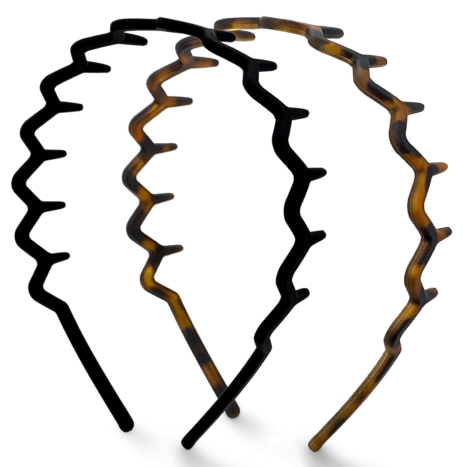 Kitsch Zig Zag Headbands for Women Non Slip – Fashion Accessories for Slicked Back Styles - Comfortable Comb Headband With Teeth | Ideal Gifts for Women - Tortoise & Black Headband - 2 Pcs