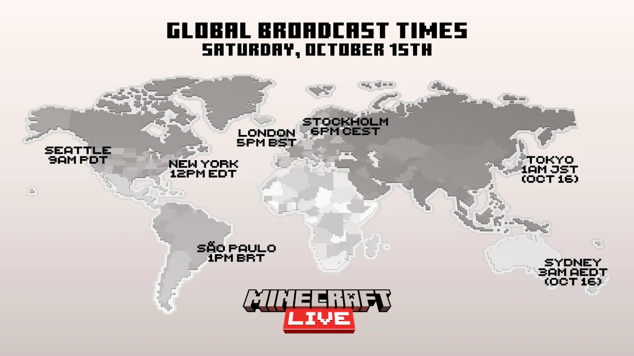 Image of the broadcast times for Minecraft Live 2022.