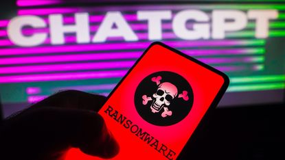 Representation of a ransomware is displayed on a smartphone screen with a ChatGPT (OpenAI) logo in the background
