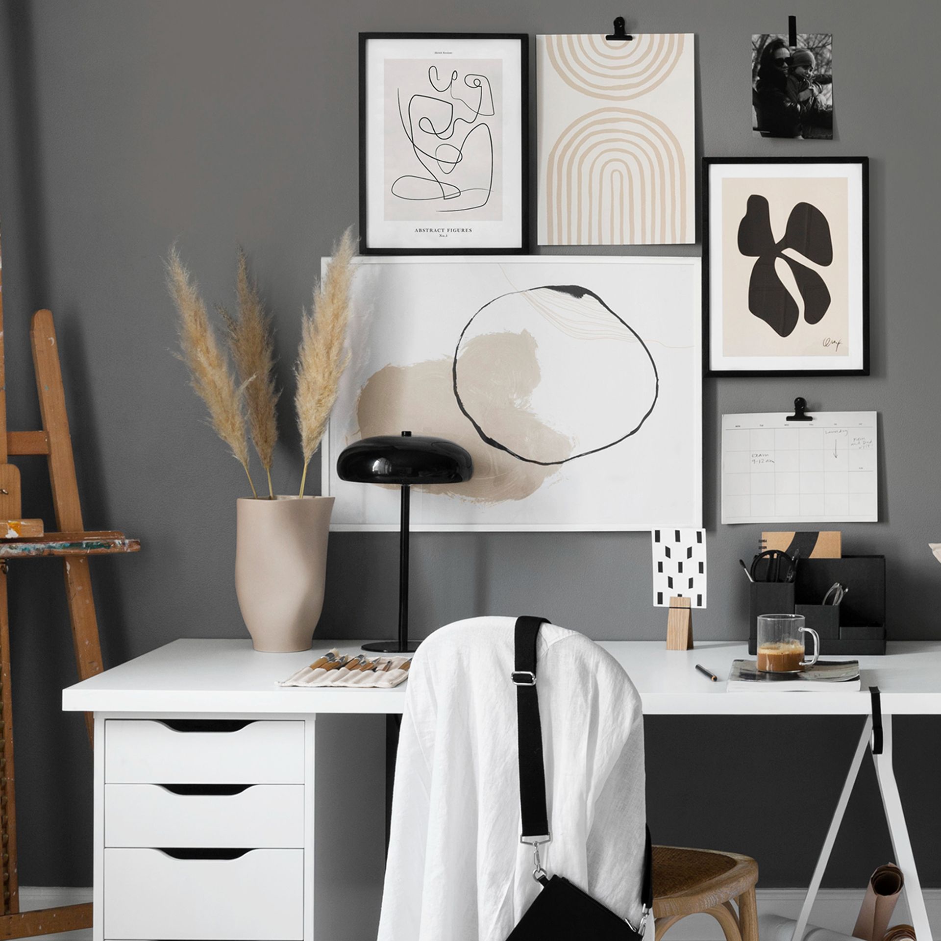 Grey bedroom with white desk