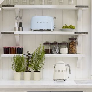 white kitchen shelves and countertop with plants, storage jars, toaster and kettle