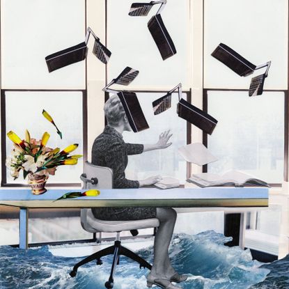 Woman working with many screens