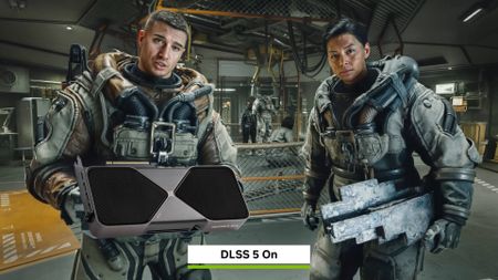 Screenshot of Starfield with DLSS 5 switched on and GeForce RTX graphics card in NPCs hands.