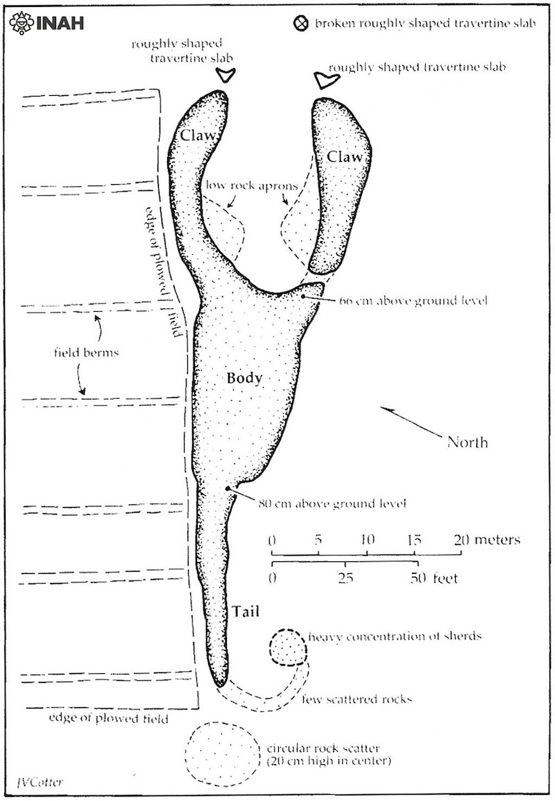 a labeled illustration of the scorpion-shaped effigy mound