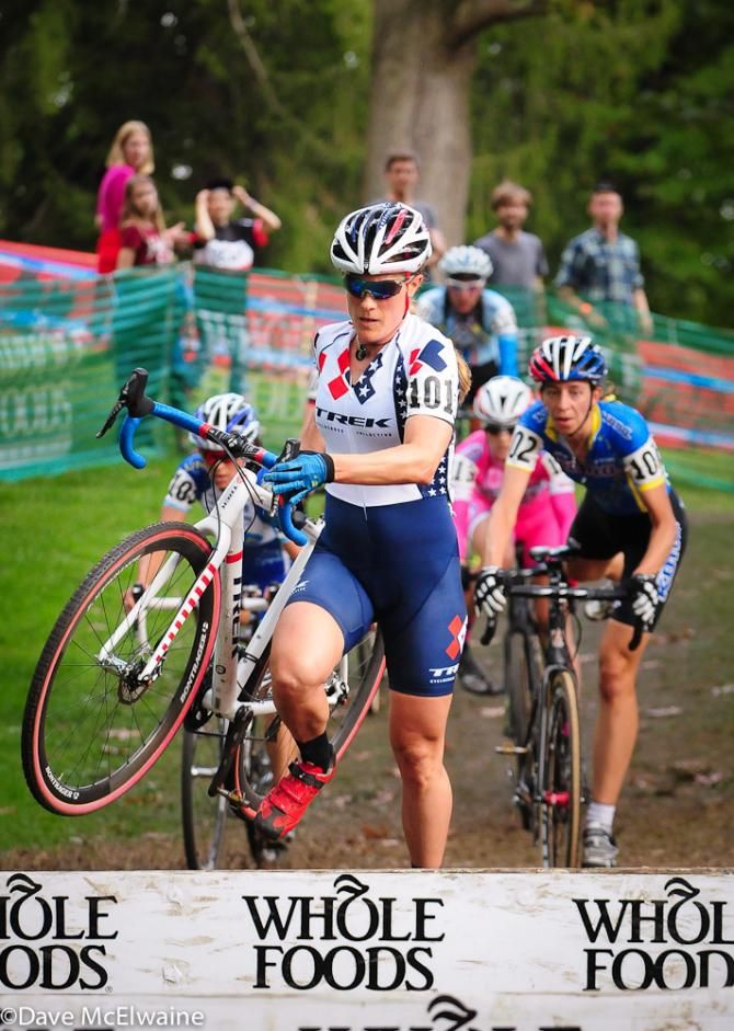 Katie Compton (Trek Cyclocross Collective) leading lap three at the barriers