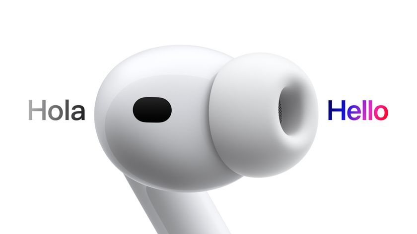 Apple AirPods Pro 3, with the spanish word Hola on one side of it, and the English word Hello on the other side, implying that the AirPods bud has translated the word