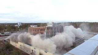 NASA destroyed its aged  office  Building 4200 astatine  the Marshall Space Flight Center successful  Huntsville, Alabama successful  a controlled implosion connected  Oct. 29, 2022.