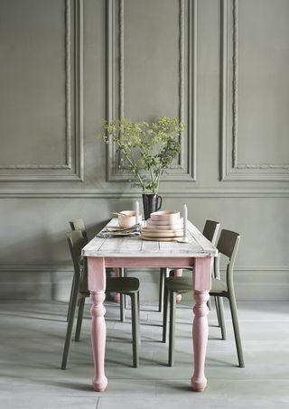 Wooden dining table painted in Annie Sloan Scandinavian Pink and Old White