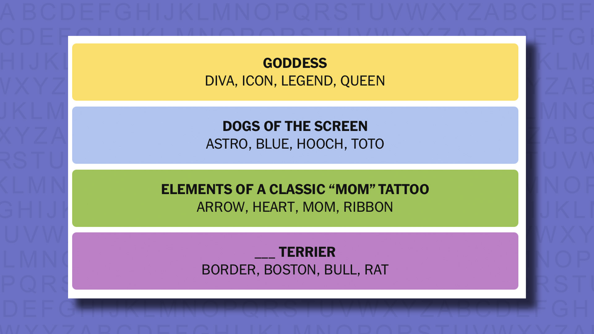 NYT Connections answers for game 734 on a purple background