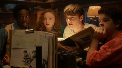 Caleb McLaughlin as Lucas, Sadie Sink as Max, Noah Schnapp as Will, and Gaten Matarazzo as Dustin in Stranger Things season 5