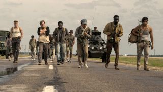 Charlie Plummer as Barkovitch, Garrett Wareing as Stebbins, Cooper Hoffman as Garraty, David Jonsson as McVries, Ben Wang as Olson, Tut Nyuot as Baker, and Joshua Odjick as Parker in The Long Walk