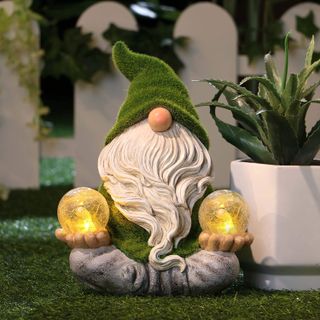 Flocked Yoga Gnome Garden Ornaments Outdoor with Solar Light, Meditating Zen Gnome Outdoor Statue with Crackle Glass Balls