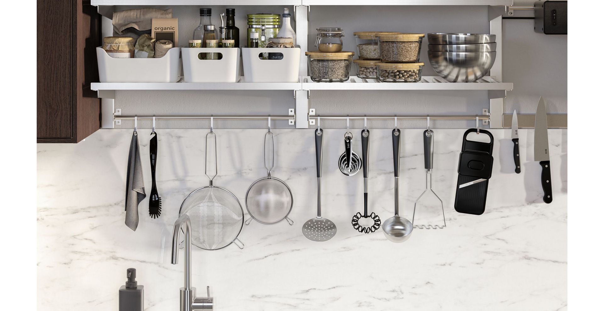 kitchen with open storage and wall rack