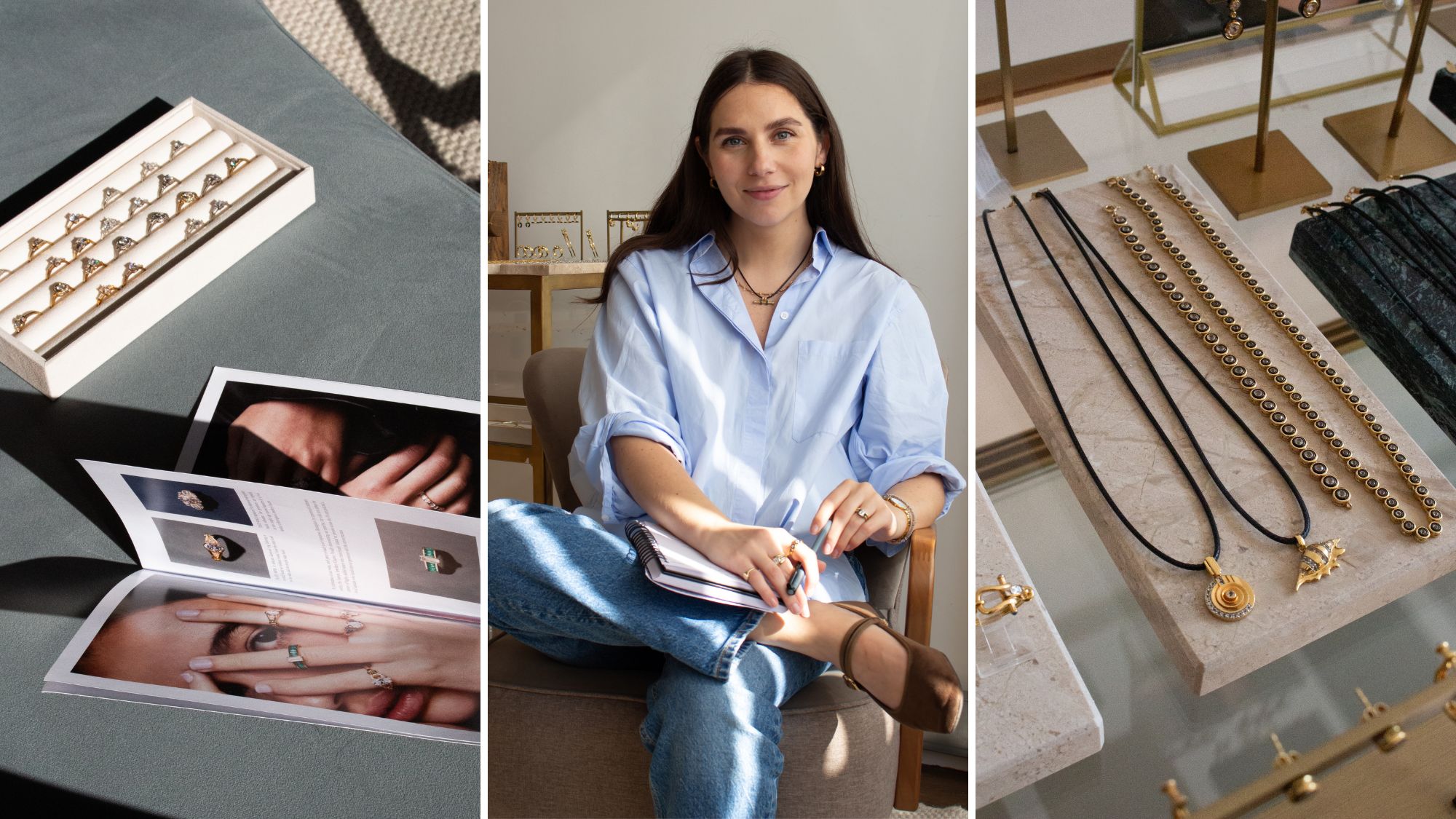 a composite of jewellery designer laura vann and scenes from her office