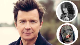 A promo shot of Rick Astley with insets of AC/DC’s Bon Scott and Slipknot’s Corey Taylor