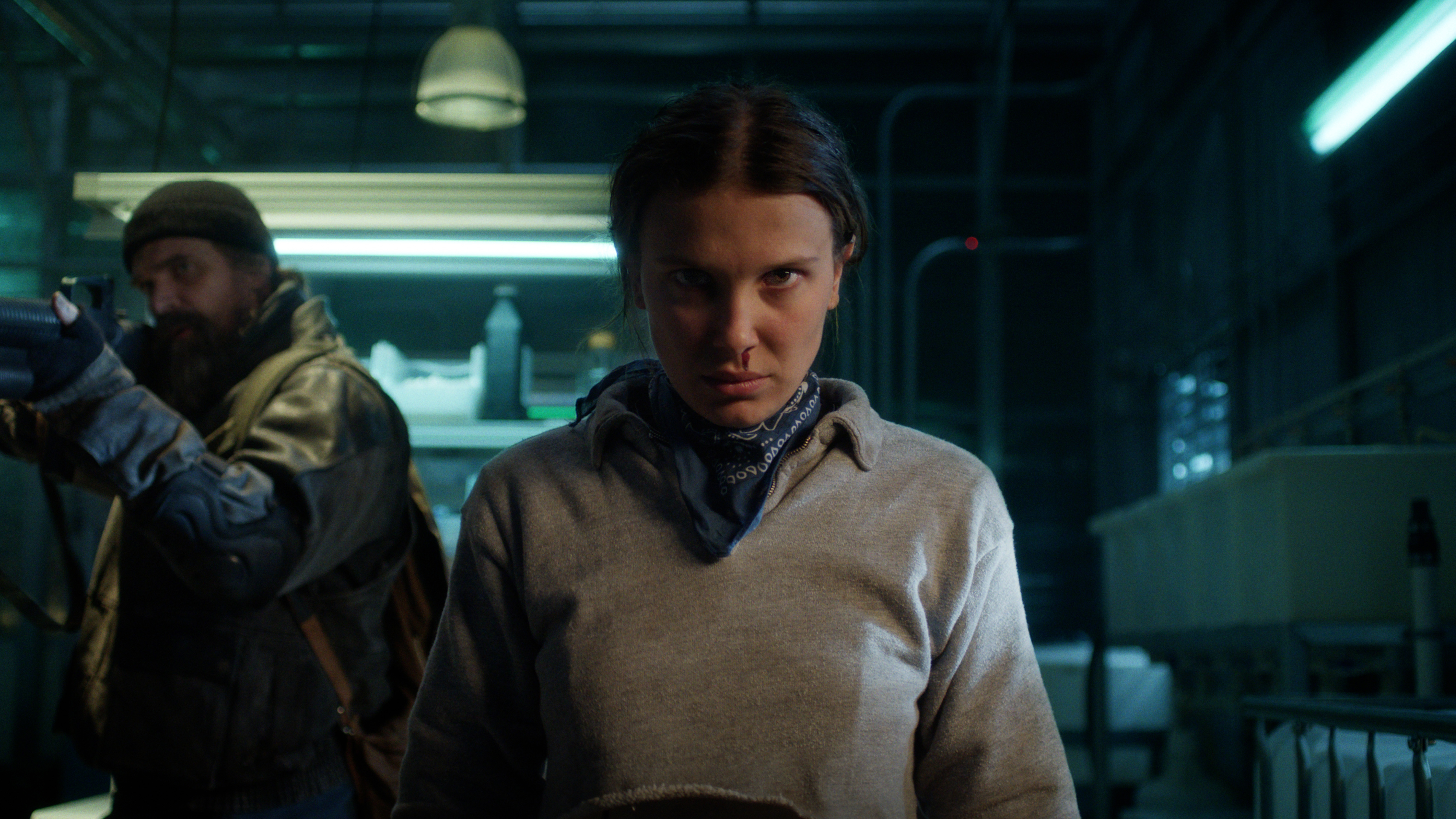 David Harbour as Jim Hopper and Millie Bobby Brown as Eleven in Stranger Things 5: Volume 1.