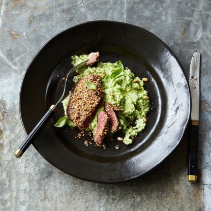 steak with broccoli puree