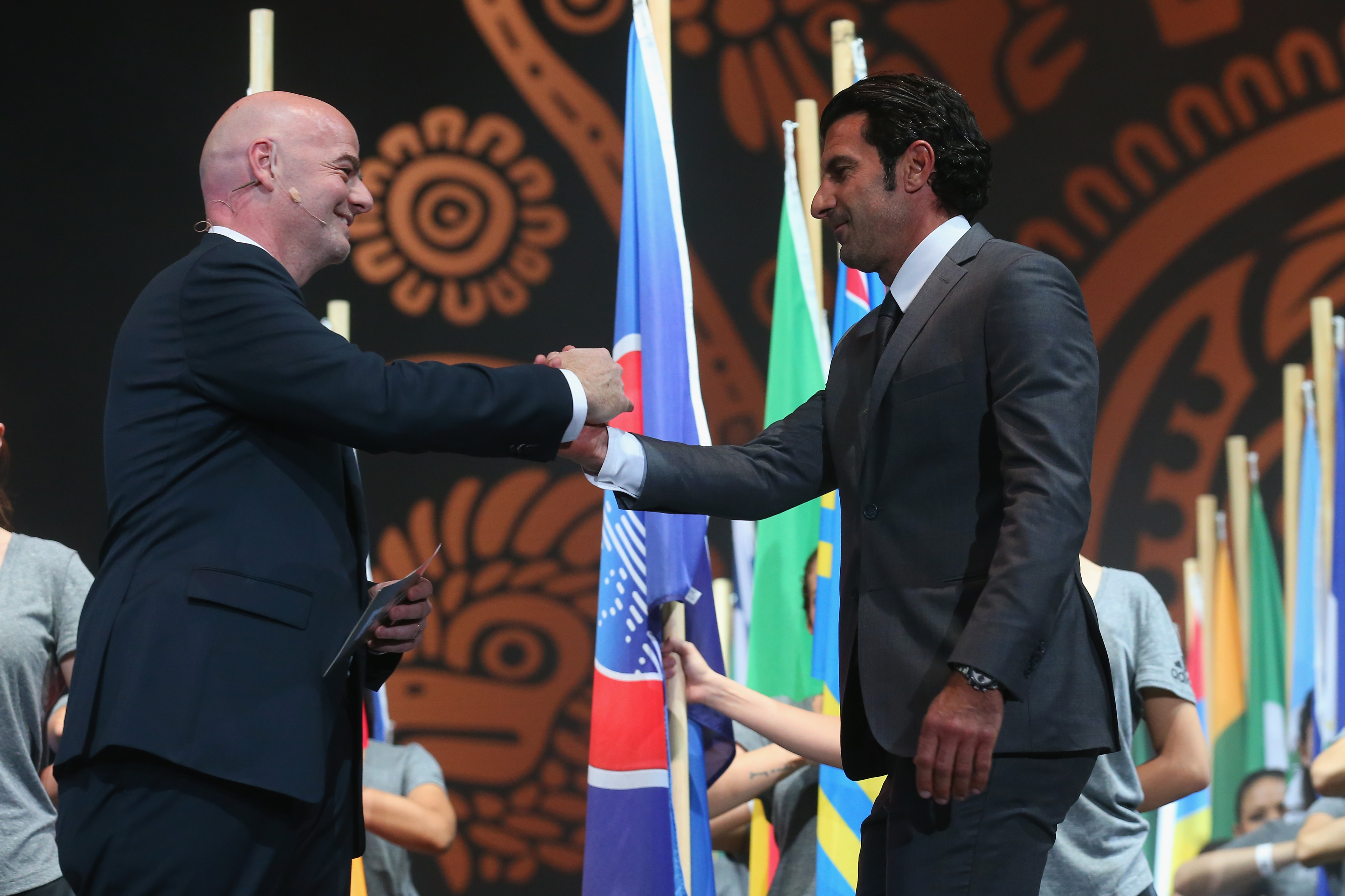 Gianni Infantino and Luis Figo during the Opening Ceremony for the 66th FIFA Congress at National Auditorium Mexico on May 12, 2016 in Mexico City.