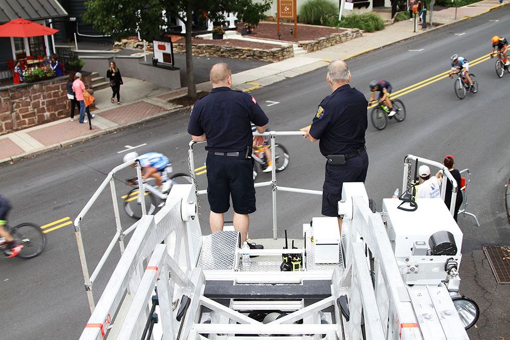 Doylestowns bravest firemen keep watch over the course, and enjoy the days events.