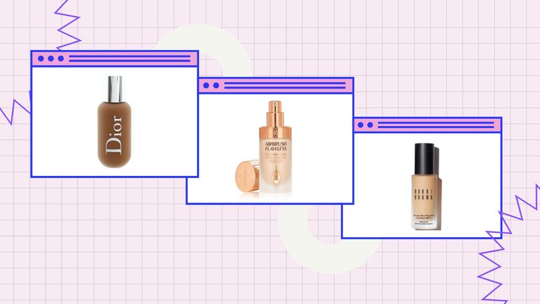 a collage image of the best foundations for oily skin in MIL's round-up, including products from Charlotte Tilbury, Dior, and Bobbi Brown