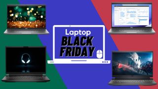 Gray Dell XPS laptop, Dell Latitude laptop, Alienware gaming laptop, and Dell G-15 gaming laptop surrounding Black Friday laptop deal badge against a green, blue and red background