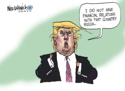 Political cartoon U.S. Trump Clinton financial dealings Russia