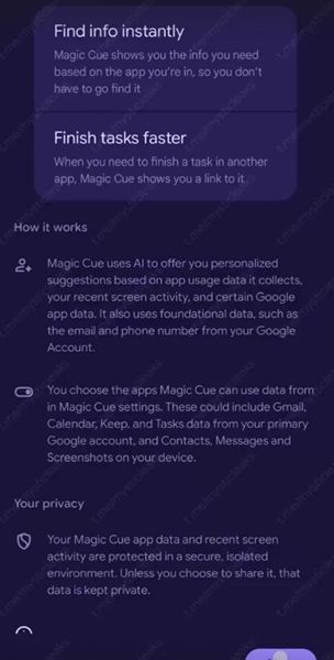 A leaked snapshot of Google's rebranded "Magic Cue" explainer for its Pixel-exclusive AI assistant.