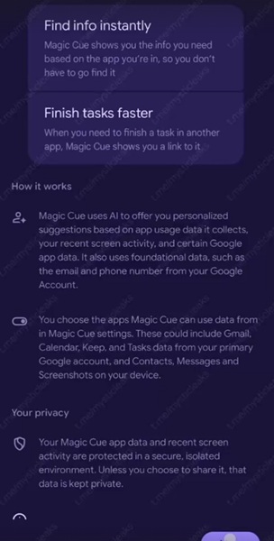 A leaked snapshot of Google's rebranded "Magic Cue" explainer for its Pixel-exclusive AI assistant.