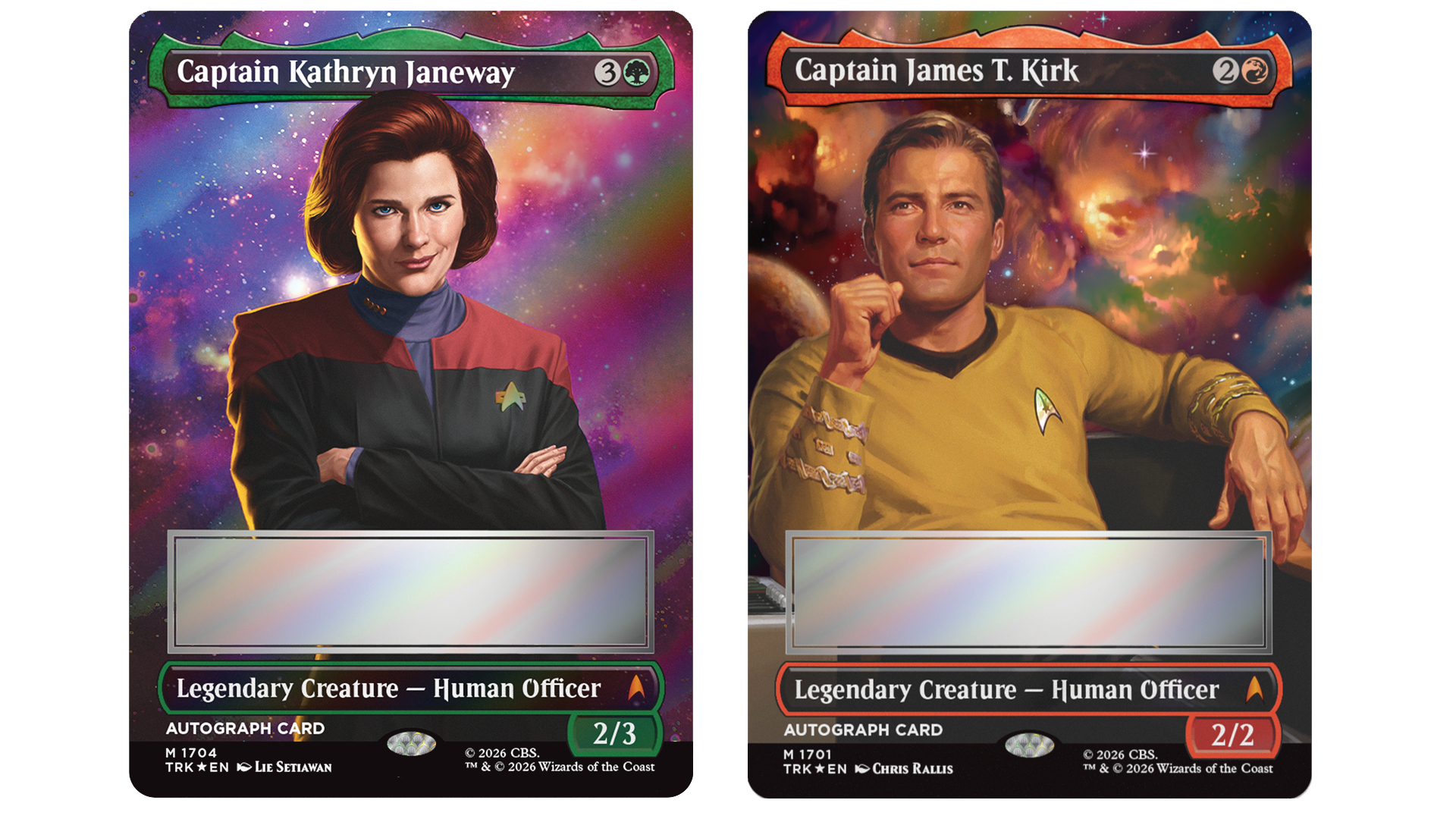 Captain Janeway and Captain Kirk autograph cards beside one another on a plain background