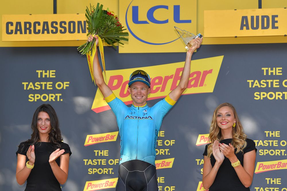 Magnus Cort Nielsen on the Tour de France podium after winning stage 15