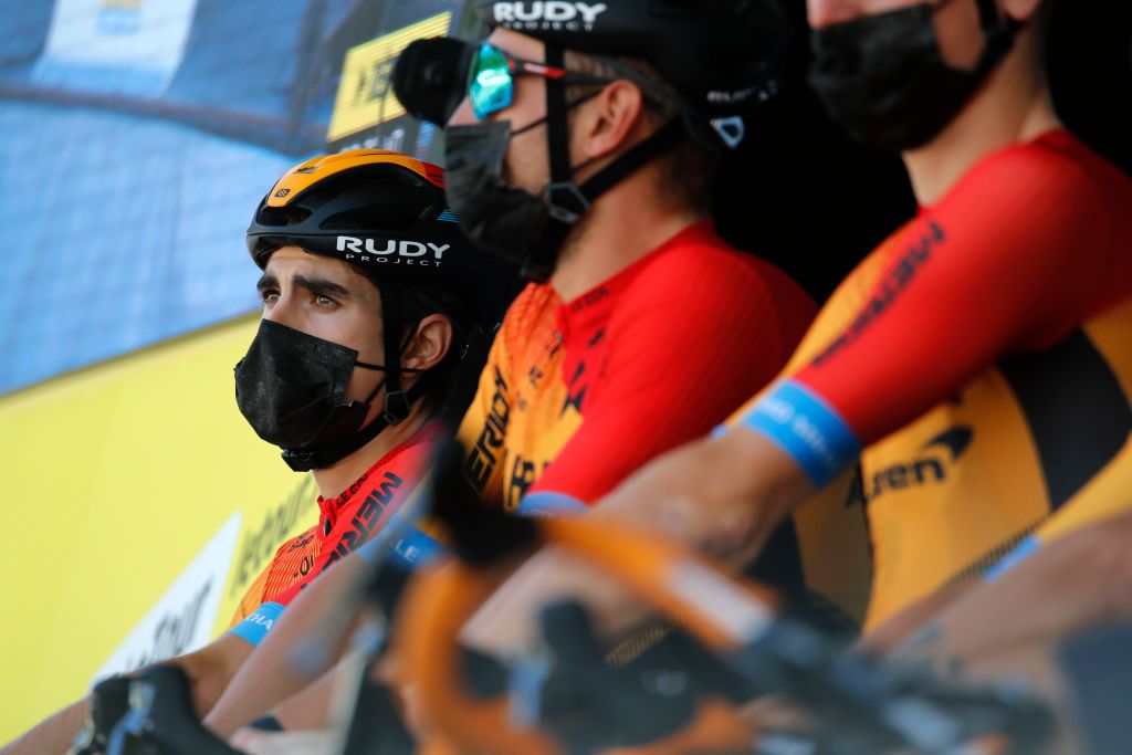 MERIBEL FRANCE SEPTEMBER 16 Start Mikel Landa Meana of Spain and Team Bahrain Mclaren Mask Covid safety measures Team Presentation during the 107th Tour de France 2020 Stage 17 a 170km stage from Grenoble to Mribel Col de la Loze 2304m TDF2020 LeTour on September 16 2020 in Mribel France Photo by Christophe Ena PoolGetty Images