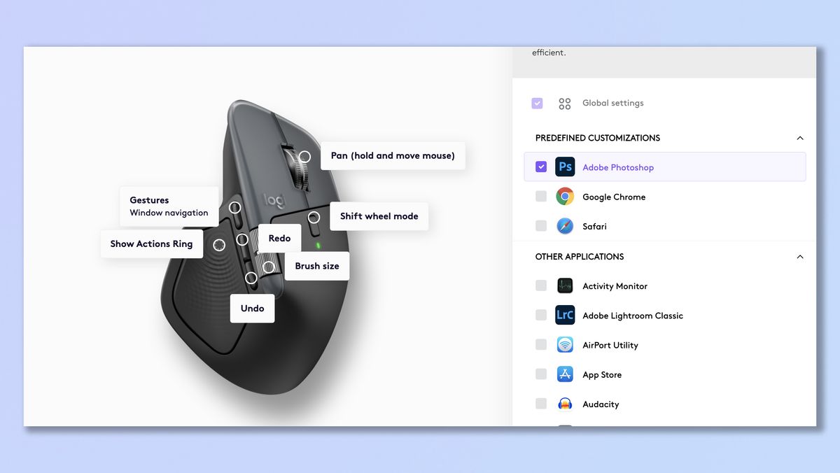 A screenshot of the Logitech Logi Options+ app being used to customize the Logitech MX Master 4