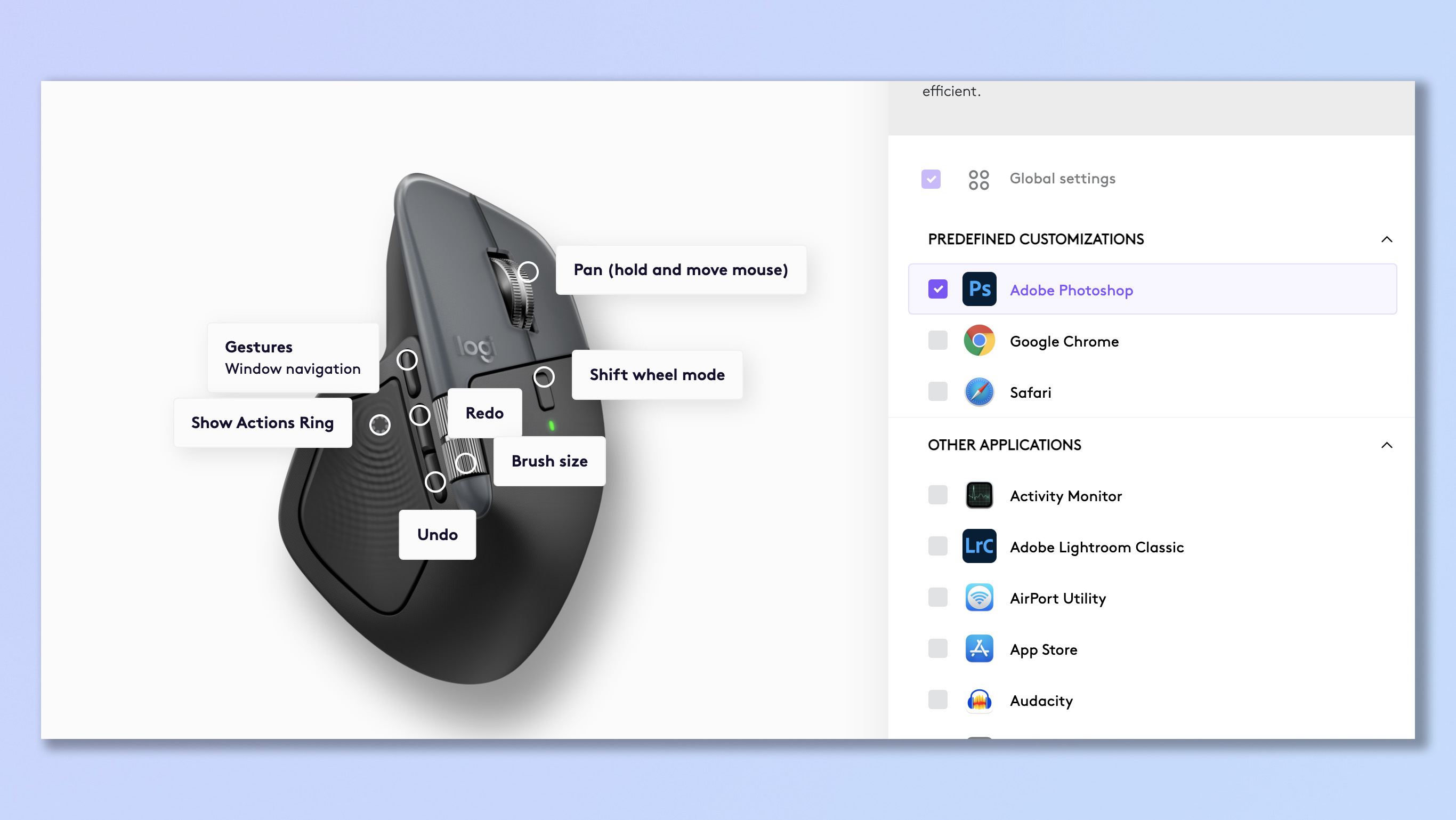 A screenshot of the Logitech Logi Options+ app being used to customize the Logitech MX Master 4