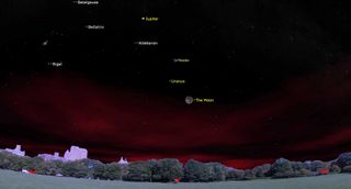 night sky map showing the moon shining to the lower right of jupiter at sunset.