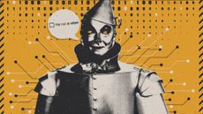 Photo composite illustration of the Tin Man looking sideways with a speech bubble containing the reCaptcha slogan "I'm not a robot"
