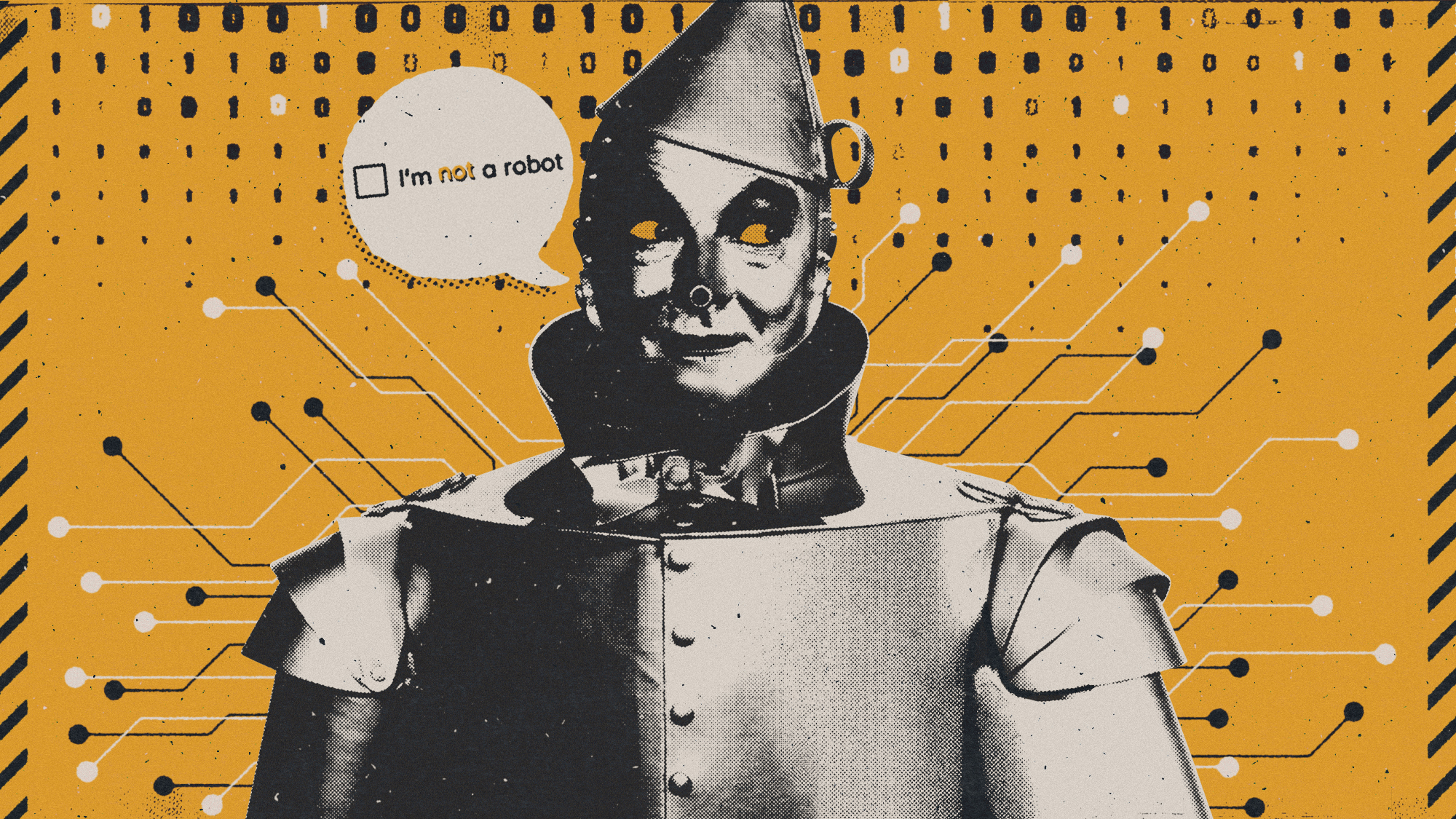 Photo composite illustration of the Tin Man looking sideways with a speech bubble containing the reCaptcha slogan "I'm not a robot"