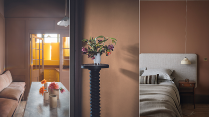 three images of brown interiors