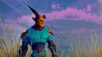 A screenshot from the pre-alpha of Stars Reach, showing a buff, masculine character with large horns stood in front of a blue sky with pink clouds.