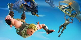 Characters dive onto the battlefield in Fortnite.