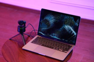 Obsbot Tiny 4K plugged into a Macbook for livestreaming