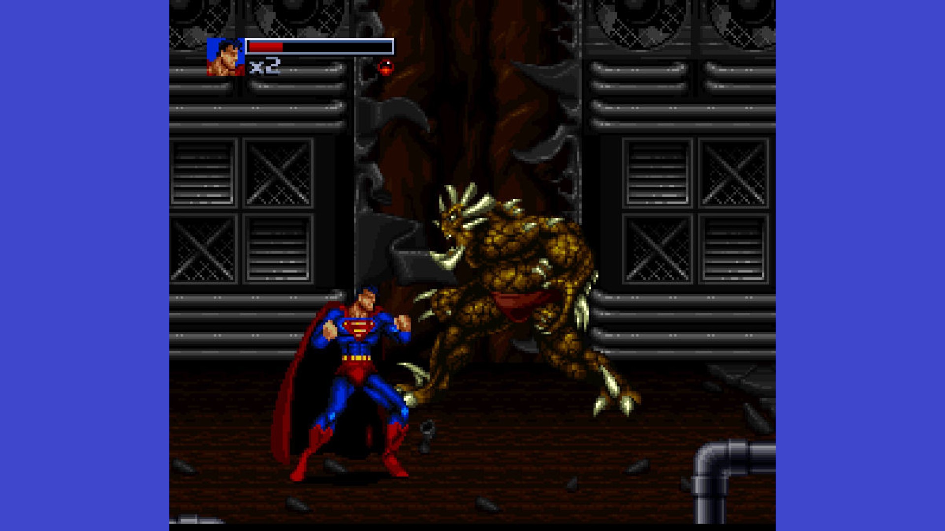 Superman fights an alien in The Death and Return of Superman for the SNES