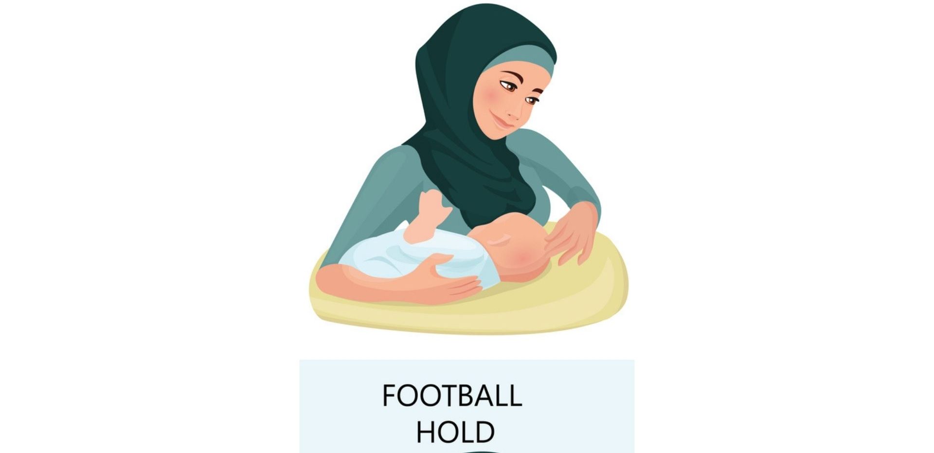 an infographic showing breastfeeding position four - a woman cradling her baby in the football hold