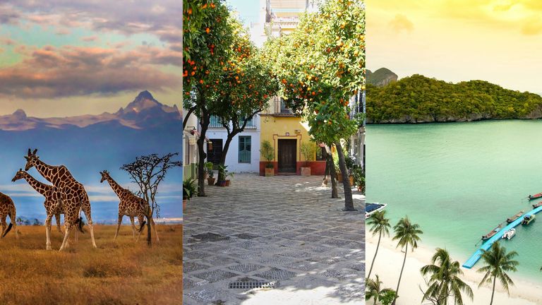 Comp image of scenery from Kenya, Spain and Thailand - three of w&h's picks on the best places to visit in november