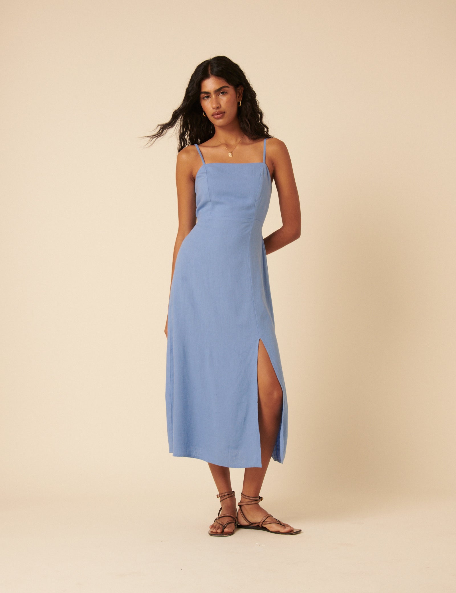 Blue Linen-Blend Maddie Midi Dress