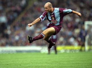 Alan Wright in action for Aston Villa against Everton in August 1999.