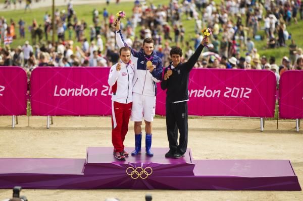 Men's Olympic MTB Podium: Nino Schurter (Switzerland), Jaroslav Kulhavy (Czech), Marco Fontana (Italy)